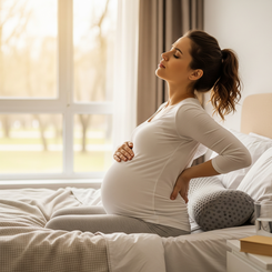 Pregnant woman sitting on a bed holding her aching lower back
