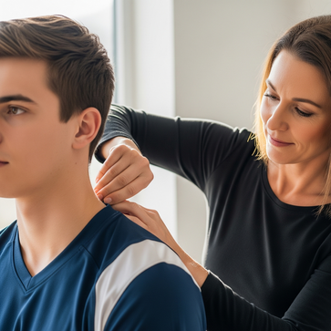 Chiropractor adjusting the neck of a teenage patient